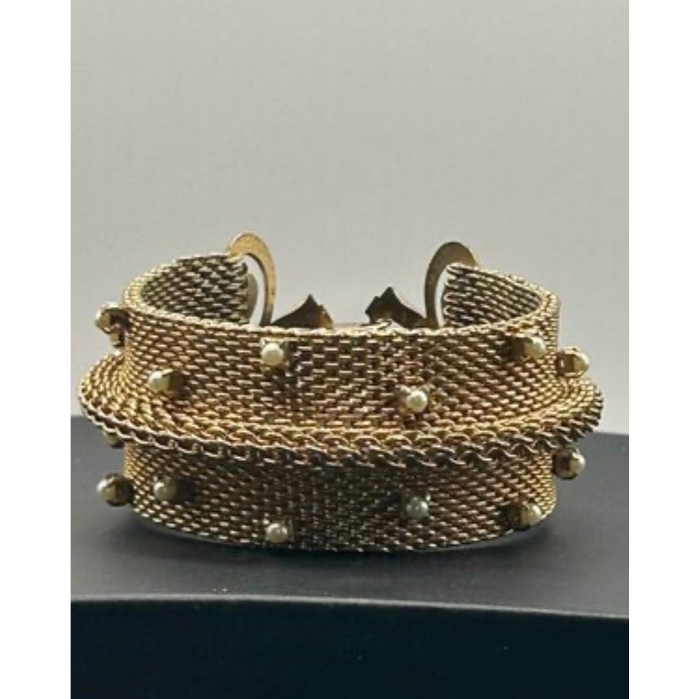 Vintage PIK NY Gold Tone Mesh Bracelet Faux Pearl Wide Statement Cuff 7"